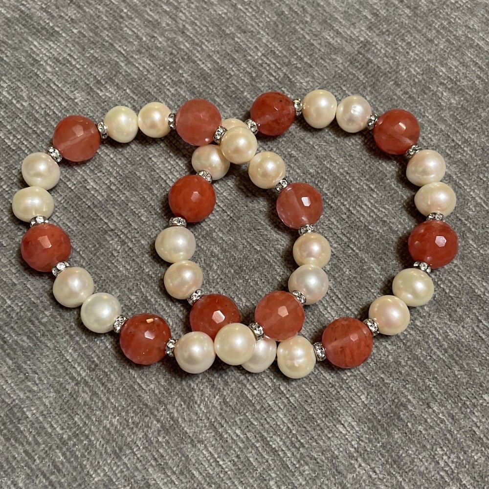 VTG Pair Of Large Pearl Faceted Rose Quartz Gemstone Rhinestone Beads 2