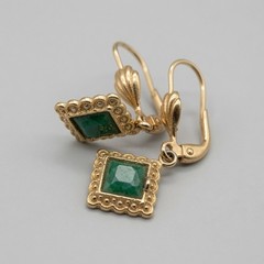 Vintage Goldtone Square Green Jade Dangle Earrings Ornate Beaded Frame Leverback