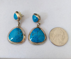 Vtg Mexican Modernist 950 Fine Silver 925 Turquoise Dangle Earrings signed 110