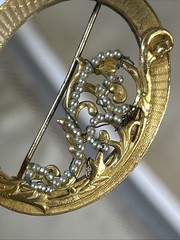 53. Vintage Miriam Haskell Gold tone Faux Pearl Oval Open Work Pin 45mm. As Is