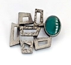 Vintage LG Lind Gal Modernist MCM Brooch Silver Tone Abstract Green Stone Pin