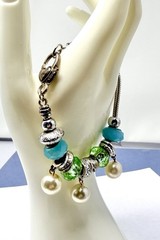 Vintage Charm Bracelet Silver Toned Glass Beads Metal Dangle Charms Blue Green
