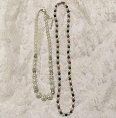 Vintage Faux Pearl Bead Necklaces 2 Rhinestones Silver color Pink Beads