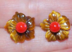 VINTAGE TIGERS EYE FLOWER JACKETS FOR EARRINGS USE WITH ANY STUDS