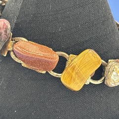 Vintage Semi Precious Stone Link Bracelet Goldstone Rose Quartz Goldstone 6.75”