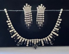 1950s Vintage Crystal & Jet Black Rhinestones Necklace & Dangling Clip Earrings