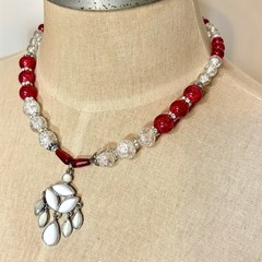 Handmade Red & Clear Crackle Glass Bead Necklace Acrylic Pendant Magnetic Clasp