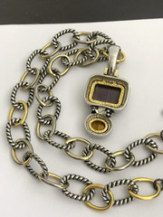 Vintage Silver and Gold Tone Cable Chunky Chain Necklace w/ Purple Stone Pendant