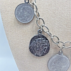 Vintage Coin Charm Necklace Grechian Silver Toned Size 18.5”