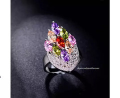 Marquise Shape Multi Color Gemstones & White Moissanite Cluster Ring 925 Sliver