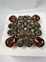 Vintage Unsigned RJ Graziano Smokey Rhinestone Bronze Color Brooch WOW
