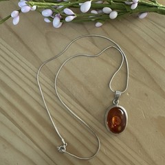 VTG Pendant Necklace 18 Inch Amber Reversed Carved Rose Italy 925 Sterling 9.3g