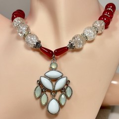 Handmade Red & Clear Crackle Glass Bead Necklace Acrylic Pendant Magnetic Clasp
