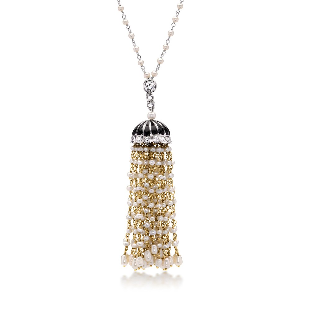 Vint Cult Prl & Diamond Tassel Ncklc in 18k Gold 18 inches