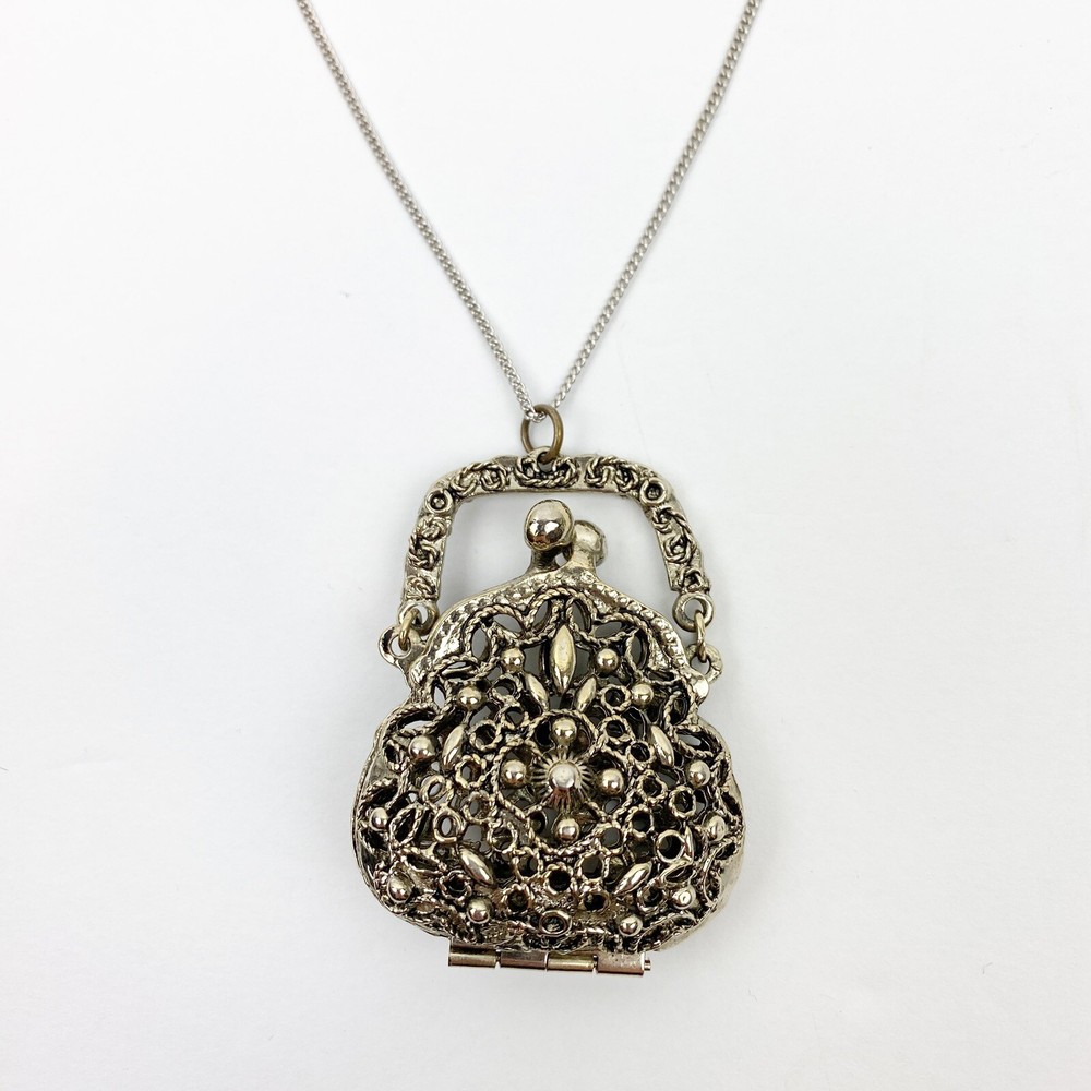 Vintage ART Arthur Pepper Necklace Metal Filigree Hinged Kiss Lock Purse Pendant