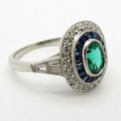 Art Deco Oval Emerald & Baguette Sapphire Lab Created Diamond 925 Silver Ring