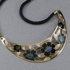 VINTAGE 1980’S SITI CLOISONNE BLACK ENAMEL FLORAL SILK CORD BIB NECKLACE