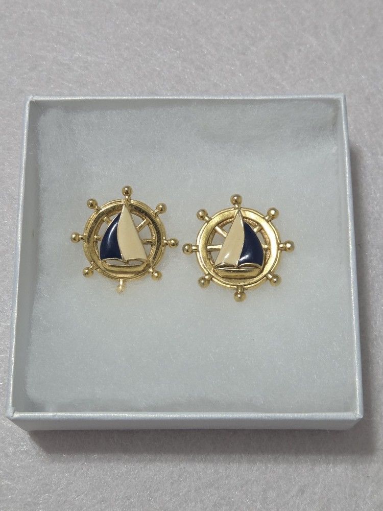 Vintage Avon Nautical Sailboat Earrings | Enamel Ship Wheel Studs