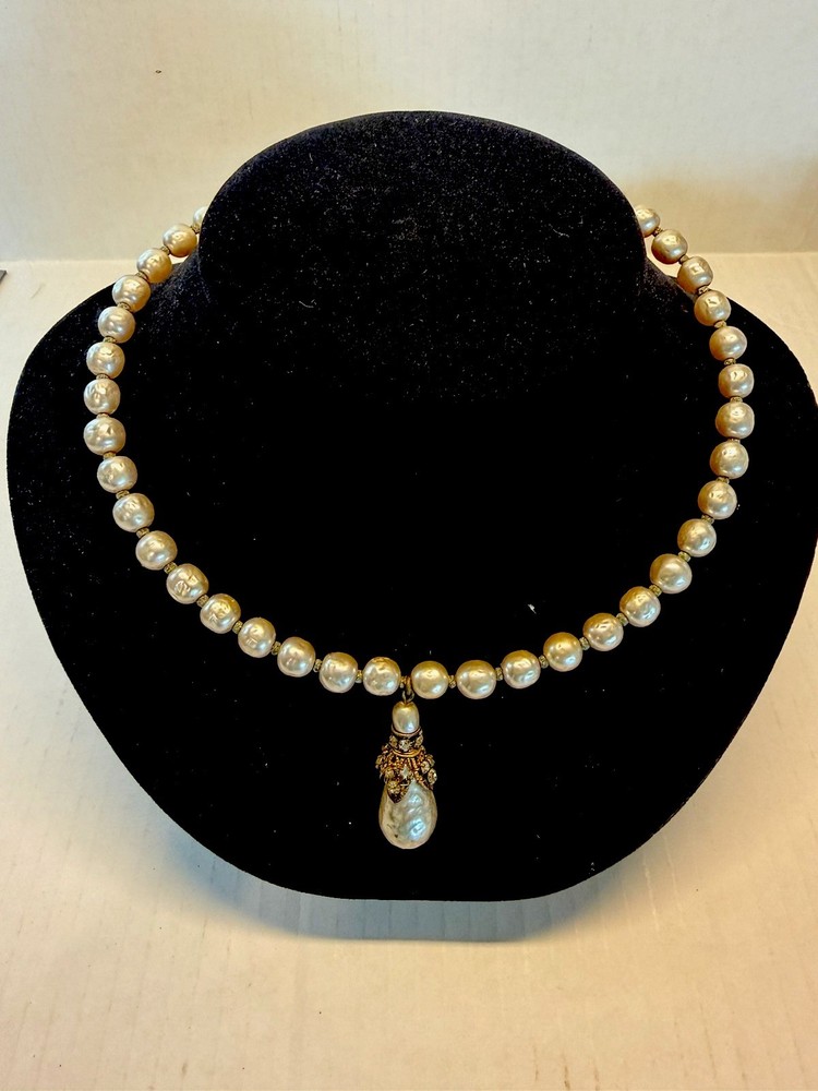 Vintage Miriam Haskell Faux Baroque Pearl Pendant UNSIGNED Wired Choker “AS IS”