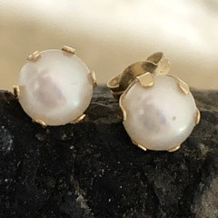 VTG Akoya Pearl Earrings Prongs Stud 6 Solid 14k Yellow Gold 5.5mm White .80gr