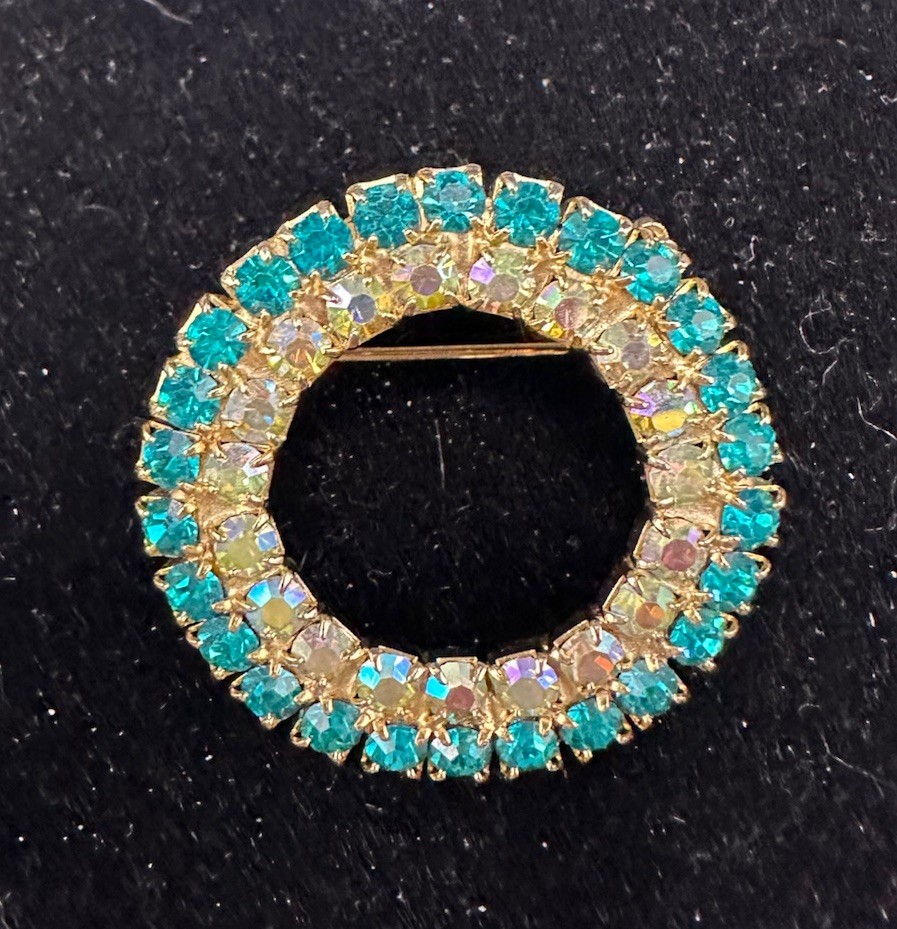 Vintage Double Circle Pin AB Crystals Clear Aqua Color Gold Plated Vtg Clasp