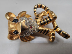 Vintage JOMAZ Tiger Brooch Signed Joseph Mazer Rhinestone Enamel Gold Tone Pin