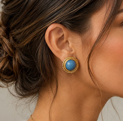 Vintage Casual Corner Gold Tone Blue Cabochon Post Earrings Retro Statement