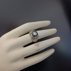 Chunky Silver Signet Ring Black Enamel Crystal Vintage Statement Domed Men Women