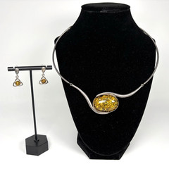 VTG Necklace Earring Baltic Green Honey Amber Sterling Silver Collar Celtic Knot
