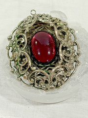 Vintage Victorian Revival Filigree Pendant, Deep Burgundy Glass Cabochon,