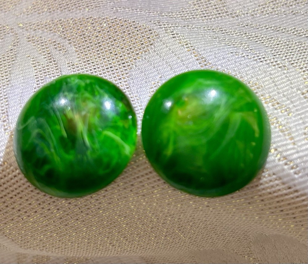 Vintage W Germany Green Enamel Clip On Earrings Mid Century Modern Domed Button