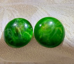 Vintage W Germany Green Enamel Clip On Earrings Mid Century Modern Domed Button