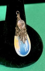 Vintage Sterling Silver Double Opalite Moonstone Drop Pendant Ornate Signed