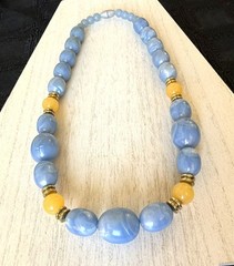 Vintage Blue Marbled Lucite Bead Necklace Graduated Statement Gold Tone Spacers