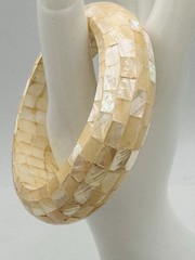 Vintage Mother of Pearl Mosaic Bangle Bracelet Cream Ivory Shell Wide Statement