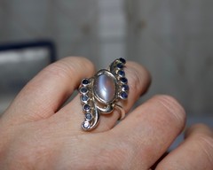 Vintage Moonstone & Sapphire Large Statement Ring in Palladium Bypass Design Cey