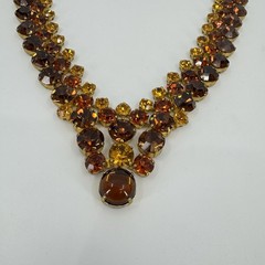 Large Statement Gold Tone Multi-tone Amber Round Rhinestone Necklace 17”
