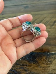 Marcasite Sterlling Silver Chunky Double Green Stone Ring Size 8