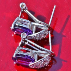 14k white gold 3.10ct amethyst diamond omega back earrings handmade 3.85gr