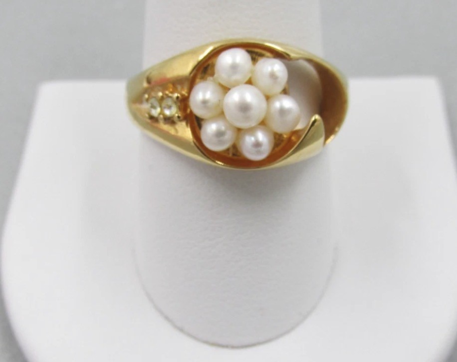 Vintage Gold Plated over 925 Sterling Silver Faux Pearl Cocktail Ring Sz 10 4 Gr