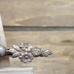 Antique Art Nouveau Repousse Brass Black Glass Bead Floral Bar Brooch 3.25″