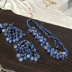 VINTAGE SET WEST GERMANY ART GLASS BLUE LAPIS WATERFALL EARRINGS NECKLACE