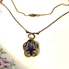Antique Art Nouveau Lavalier Necklace Purple Glass Pendant Filigree Clasp c1900