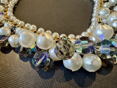 Vintage Filigree Beads Cha Cha Beaded Necklace with Faux Pearls AB Rhinestones