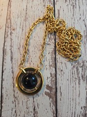 Vintage MONET Round Link Gold Tone Chain Large Black Cabochon Pendant Necklace