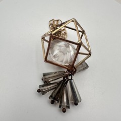 Vintage Gold Tone Geometric Cage Pendant with Clear Lucite Crystal Prism