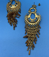 EARRINGS vtg 1970s 1980s Large long glass bead clusters coppertone Statement 5″