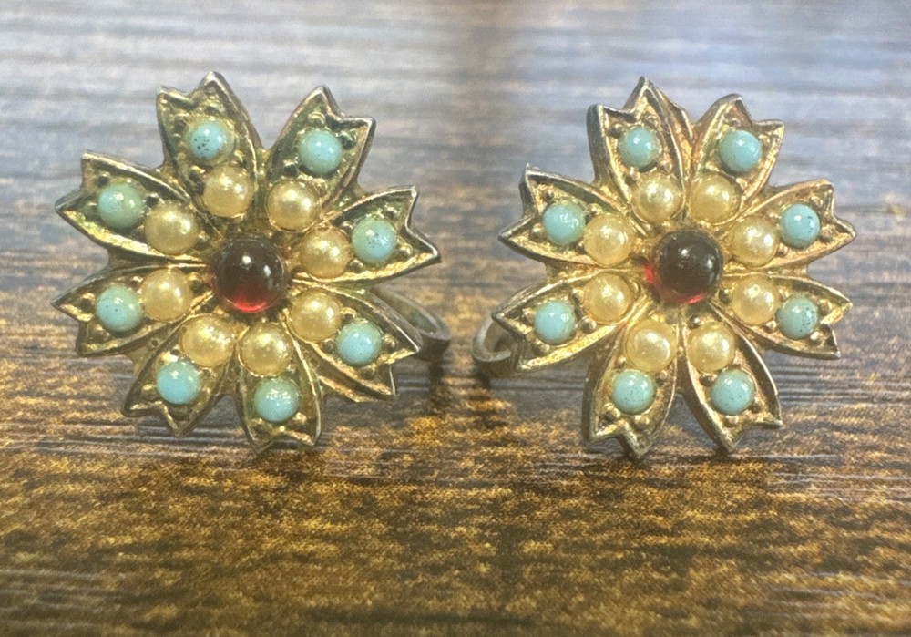 Vintage Snowflake Shaped Sterling Silver Screwback Earrings w/ Gemstones Pearls