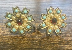 Vintage Snowflake Shaped Sterling Silver Screwback Earrings w/ Gemstones Pearls