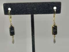 Victorian Mourning Jet Art Glass Hand Painted Flowers & Pearl Leverback Earrings